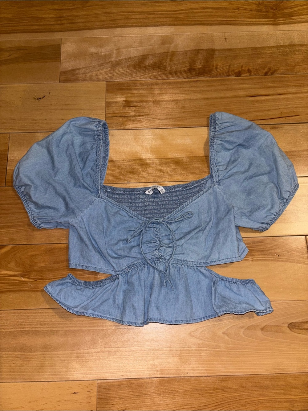 stradivarius Light Blue Puff Sleeve Tie-Front Crop Top